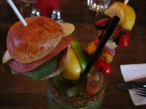 Green Caesar (with kale gazpacho and celery bitter) served with a veggie skewer and a small veggie burger. The burger is really good and the drink, pretty unique. I recommend it.  at L'Gros Luxe 100% Vege in Montreal