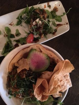 'Butter chicken' bowl and  Wild mushroom bruchetta at L'Gros Luxe 100% Vege in Montreal