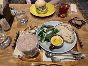 Tempeh burger, earl grey tea, vegan cookies, salad breakfast set, and soy milk hot chocolate. at Kissa Saeki in Hiroshima