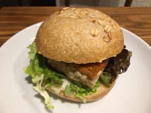 Tempeh burger at Kissa Saeki in Hiroshima