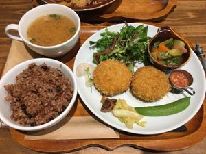 Chickpea croquettes meal set at Kissa Saeki in Hiroshima