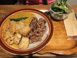Vegan curry with fried wheat gluten cutlets at Kissa Saeki in Hiroshima