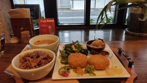 Lunch set with chickpea croquette, miso soup and brown rice at Kissa Saeki in Hiroshima