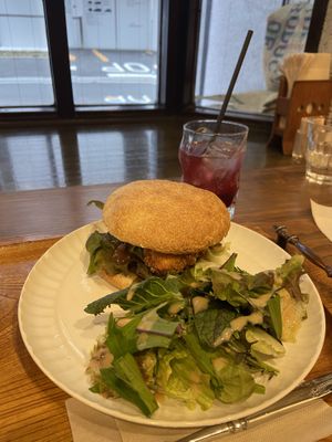 Katsu burger and tasty cassis juice!  at Kissa Saeki in Hiroshima