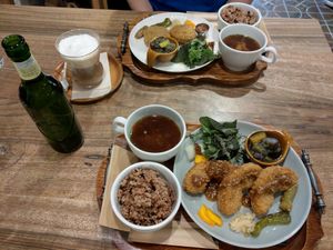 The vegan lunch set, one with croquettes ther other with wheat meat at Kissa Saeki in Hiroshima