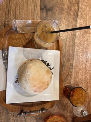 Tempeh burger and an iced soy latte at Kissa Saeki in Hiroshima
