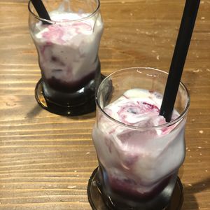 Soyyoghurt lassi with cassis syrup at Kissa Saeki in Hiroshima