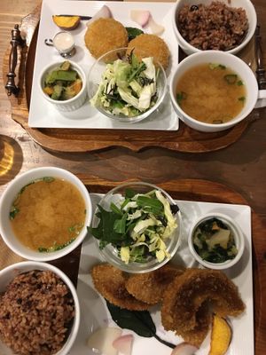 Fried gluten cutlet set and chickpea croquette set  at Kissa Saeki in Hiroshima