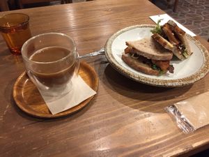 Vegan coffee latte and vegan sandwich  at Kissa Saeki in Hiroshima