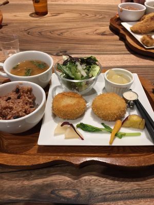 Chickpea croquet meal dish at Kissa Saeki in Hiroshima