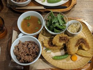 Fried gluten meat lunch set at Kissa Saeki in Hiroshima