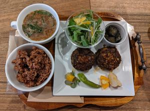 lentil burger lunch set at Kissa Saeki in Hiroshima