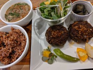 lentil burger lunch set at Kissa Saeki in Hiroshima