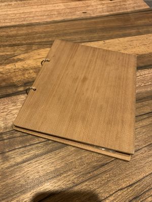 Wonderful wood bound menu  at Kissa Saeki in Hiroshima
