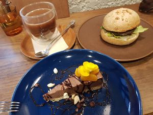 Lentil burger, latte and cake. at Kissa Saeki in Hiroshima