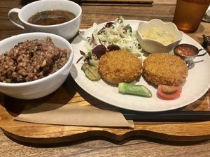 Chickpeas croquette set lunch  at Kissa Saeki in Hiroshima