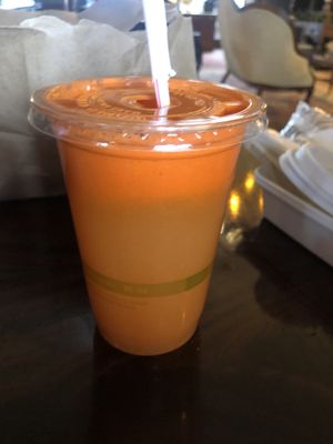 50/50 carrot orange juice to go (Covid)  at Woodrose Cafe in Garberville