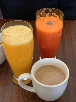 Fresh OJ and carrot/orange juice. French vanilla soy milk in coffee at Woodrose Cafe in Garberville