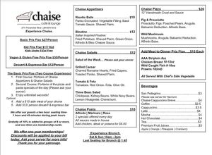 Menu at Chaise Cafe in Winnipeg
