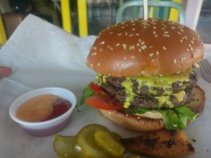 Double vegan cheeseburger. 
Sauces: Ketchup & Thousand Island  at Rainbow - Ibn Gvirol in Tel Aviv