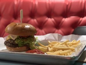Double rainbow burger with fries! at Rainbow - Ibn Gvirol in Tel Aviv