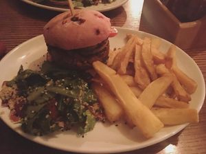 Vegan burger, salad, chips at The Ship Inn in Newcastle Upon Tyne