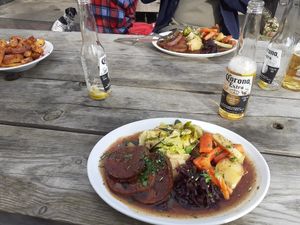 Seitan roasts dinner in the beer garden at The Ship Inn in Newcastle Upon Tyne
