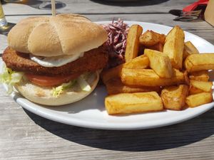 VFC burger with chunky chips and slaw at The Ship Inn in Newcastle Upon Tyne