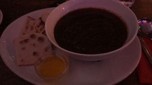 This salty soup took 1hr30 to arrive and that is not olive oil it is served with but it came with melted margarine eugh  at The Ship Inn in Newcastle Upon Tyne