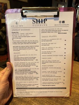The Ship menu - all vegan   at The Ship Inn in Newcastle Upon Tyne