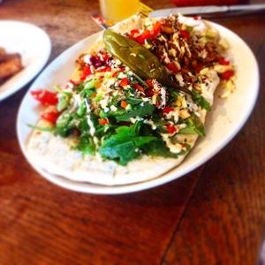 Jackfruit Shawarma with flat bread, salsa and harissa at The Ship Inn in Newcastle Upon Tyne