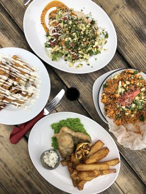 Garlic mayo fries, tacos, kimchi bowl and fish & chips  at The Ship Inn in Newcastle Upon Tyne