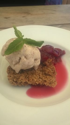 White chocolate ice cream with maple flapjack and cherry compote  at The Ship Inn in Newcastle Upon Tyne