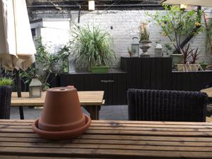 nice seating in the garden  at The Stand Comedy Club in Newcastle Upon Tyne