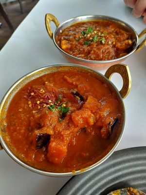 Pumpkin eggplant curry and mushroom curry. at Spice Lounge in Launceston