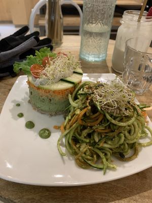 Vegetable Terrine. The pesto is EXCELLENT, the vegetable noodles are fresh and crisp, and the flavors are satisfying. I took the pillar thing to go and finished it for dinner.  #Ve at Sweet Rawmance in Paris