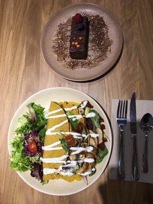 Savoury crêpes and double chocolate raw cake with orange - both are just perfect.  #Veganuary at Sweet Rawmance in Paris