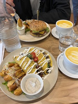 Cheeseburger and crepes with potato and cashew cheese supp  at Sweet Rawmance in Paris