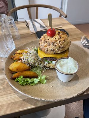 Burger and fries  at Sweet Rawmance in Paris