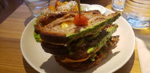 Cheese sandwich (slightly burnt on the edges), good potatoes at Sweet Rawmance in Paris