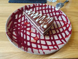 Chocolate caramel cake at Sweet Rawmance in Paris