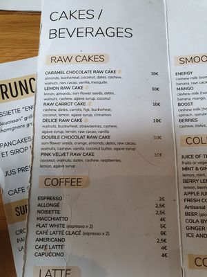 Menu at Sweet Rawmance in Paris