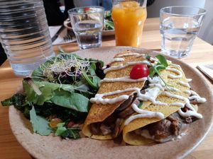 Savory crepes and fruit juice of the day at Sweet Rawmance in Paris