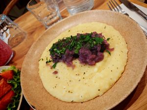 FILET À LA PARISIENNE
Redefine Meat flank steak, mashed potatoes, mushrooms, wine merchant sauce
 at Sweet Rawmance in Paris