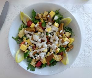 Caesar salad with vegan cheese, vegan saussage and lot of vegetables! at Sweet Rawmance in Paris