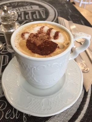 Cashew milk cappuccino at Sweet Rawmance in Paris