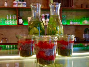 Chiapudding Dreierlei & Basenwasser mit Salbei, Gurke, Orangenminze at Rebella Bex Cafe in Munich