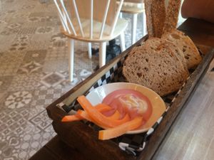 Their bread basket and cashew and beet dip at Level Veggie Bistro in Madrid