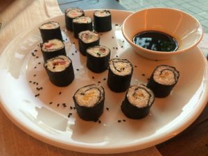 Raw sushi rolls (our favorites out of everything we tried) at Level Veggie Bistro in Madrid