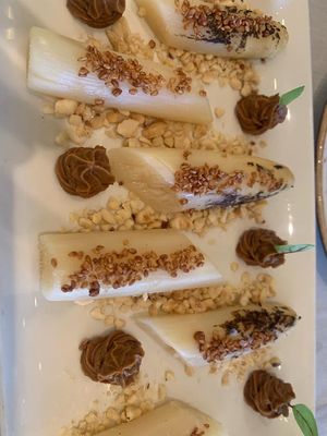 White asparagus appetizer ￼  at Level Veggie Bistro in Madrid